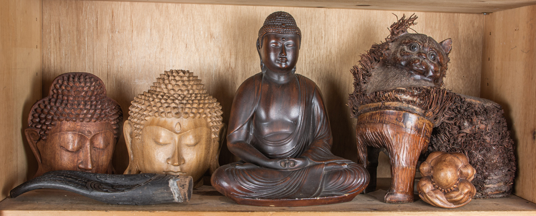 SHELF OF ASIAN WOOD AND BAMBOO