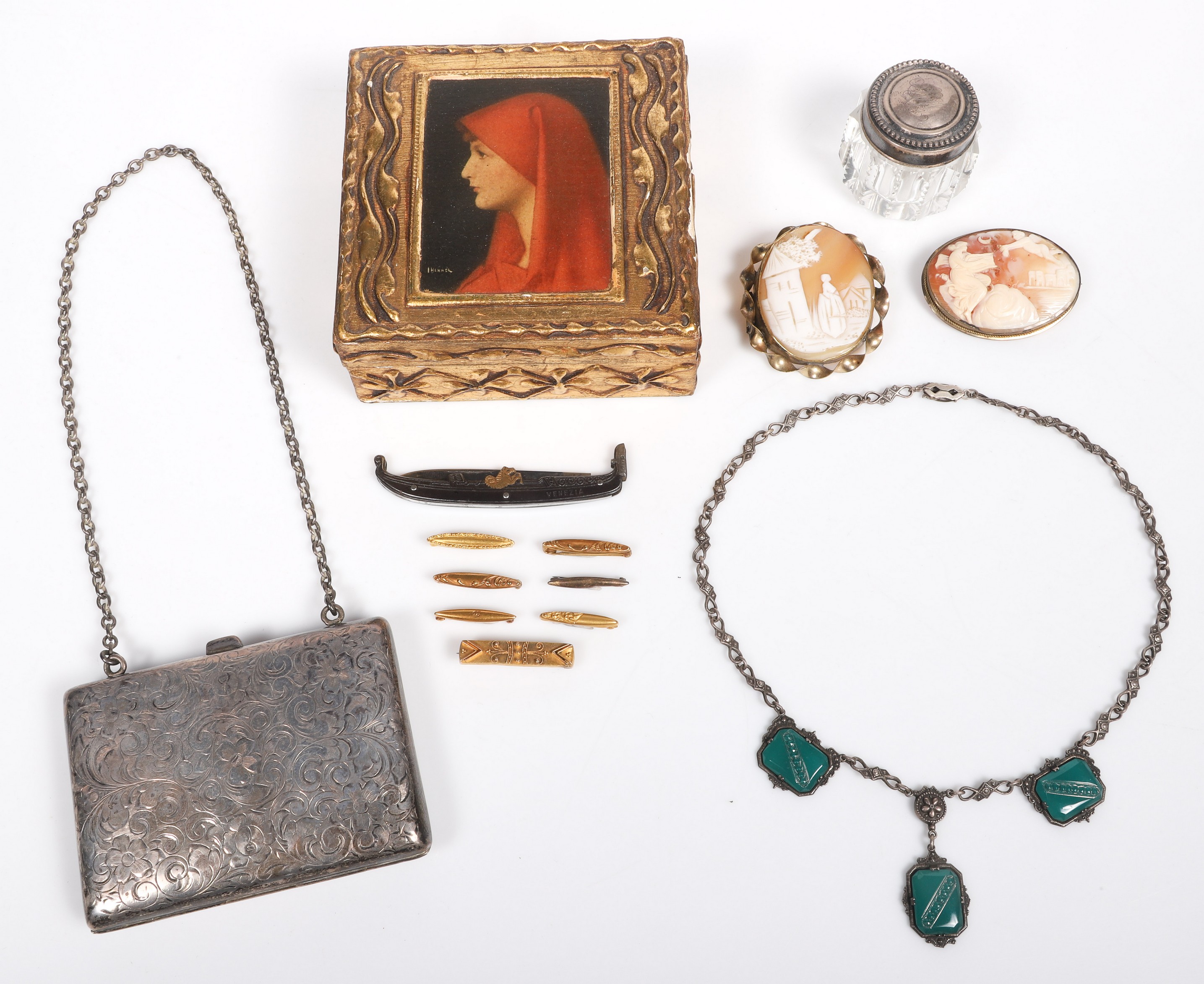 Shell cameos, purse, pins to