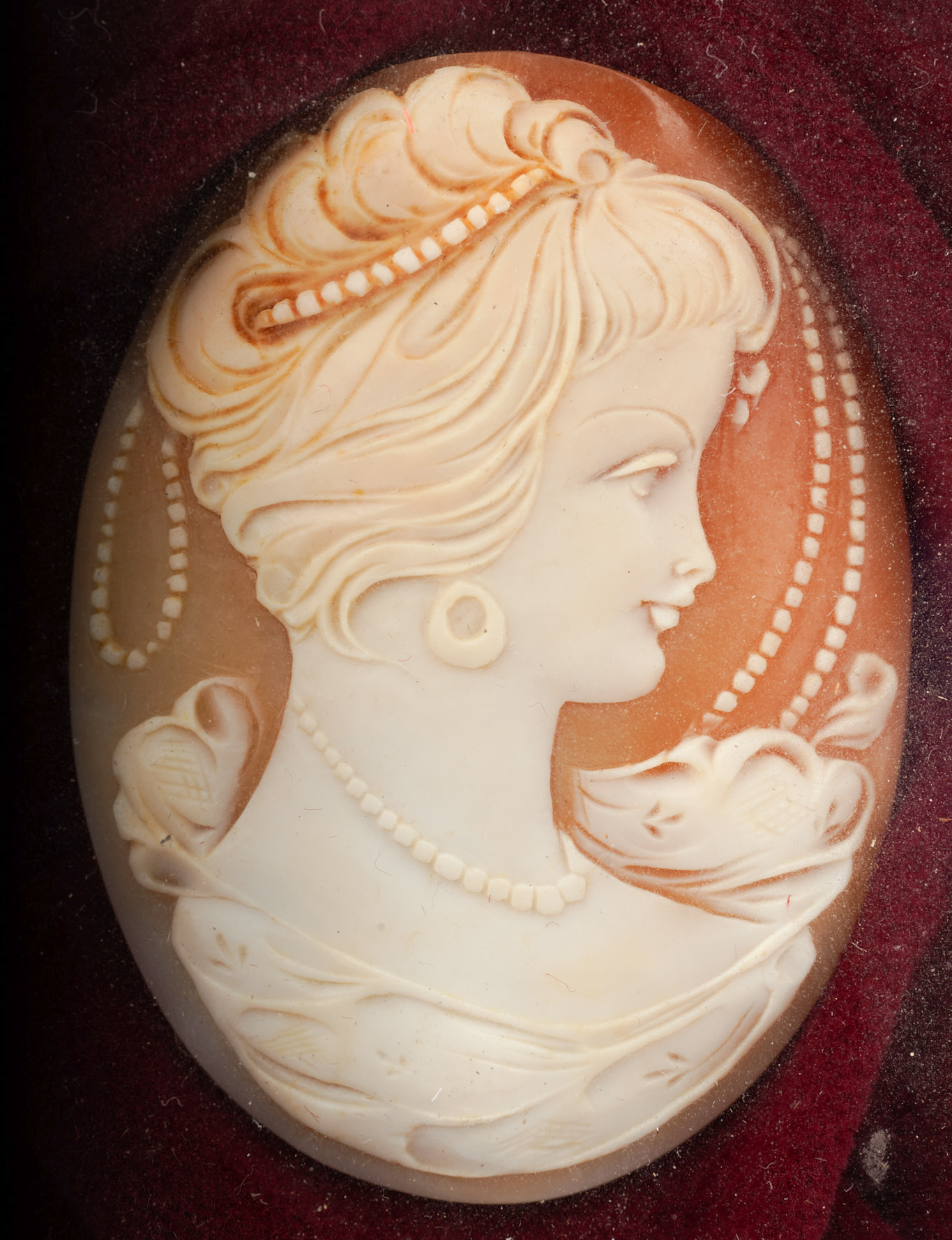 Shell carved cameo, woman bust in