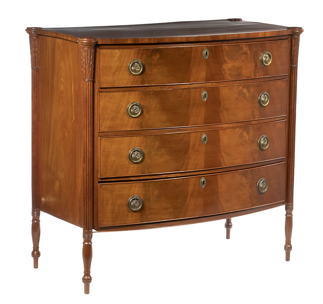 SHERATON BOW FRONT CHEST,