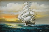 SHIP AT STORMY SEA, OIL ON CAN