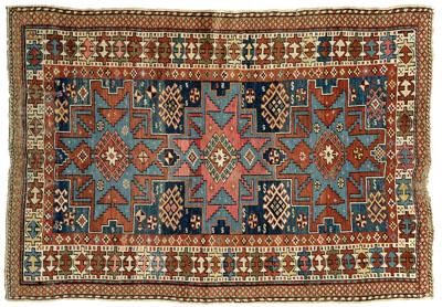 Shirvan rug, two blue and salmon