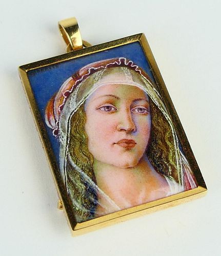 SIGNED 14K YG ENAMEL PORTRAIT