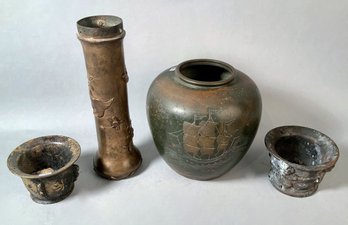 Signed bronze vase with ship