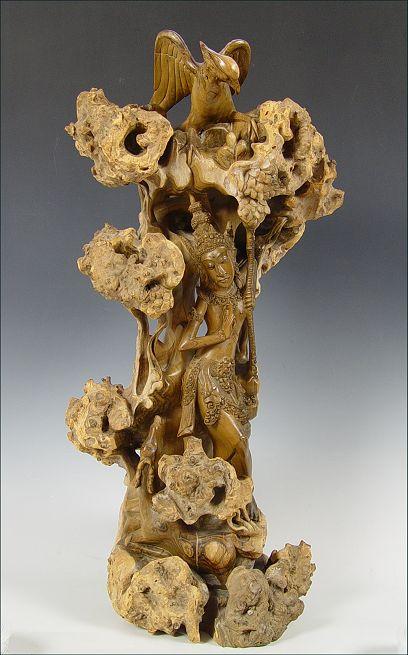 SIGNED CARVED WOOD BALINESE FIGURE: