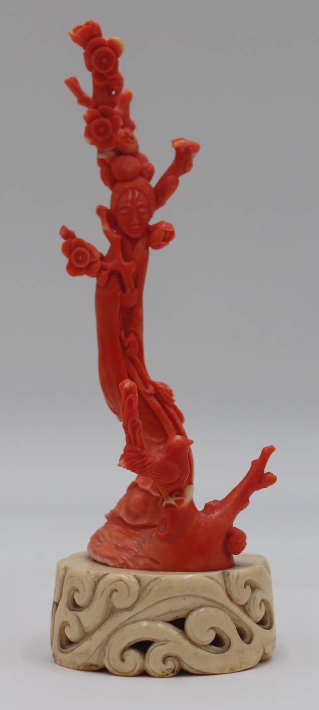 SIGNED CHINESE CORAL CARVING OF A