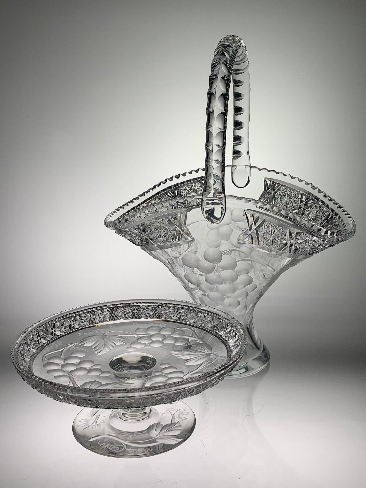 SIGNED CUT GLASS BASKET & COMPOTE