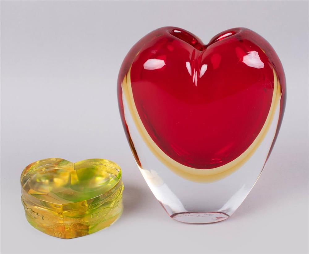 SIGNED GLASS HEART SHAPED VASE WITH