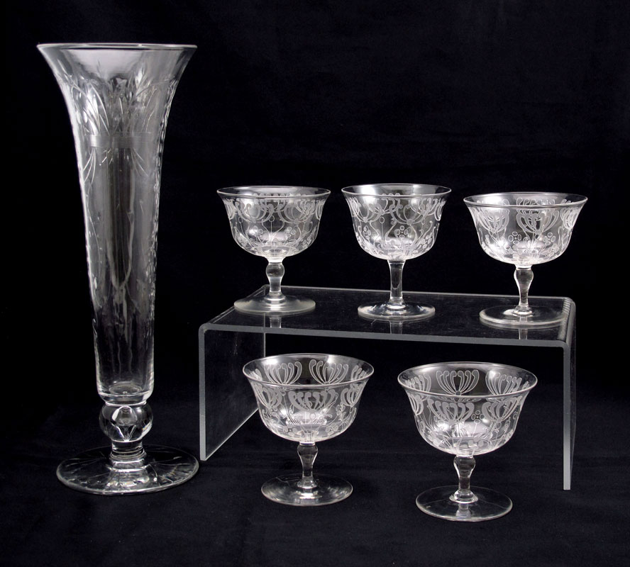 SIGNED LIBBY CUT GLASS VASE AND 5