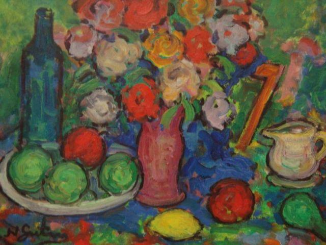 Signed.  O/C Modernist Floral Still