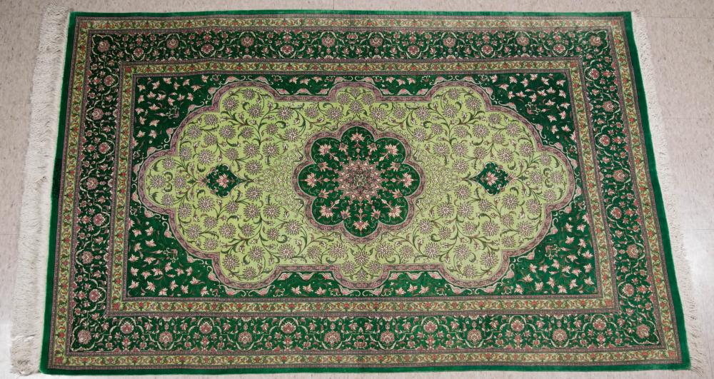 SIGNED PERSIAN SILK QUM AREA RUG,