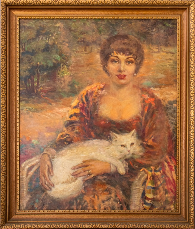 SIGNED PORTRAIT OF LADY WITH CAT