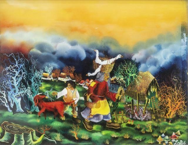 SIGNED REVERSE PAINTING ON GLASS