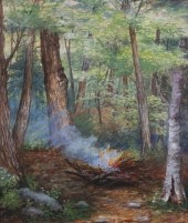 SIGNED WATERCOLOR CAMPFIRE IN