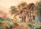 SIGNED WATERCOLOR OF COTTAGE;