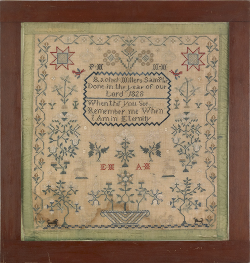 Silk on linen sampler dated 1828