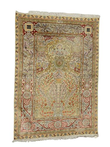 SILK ORIENTAL PRAYER RUG WITH METAL