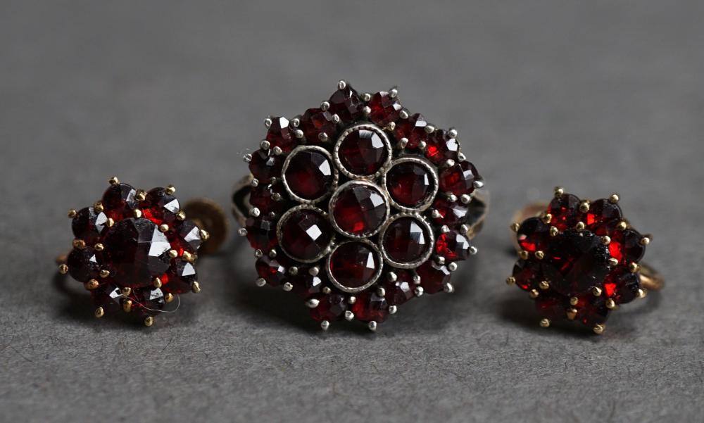 SILVER AND GARNET RING AND A PAIR
