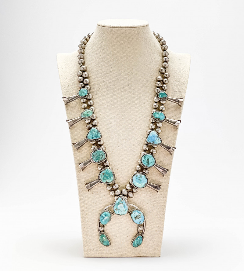 SILVER AND TURQUOISE SQUASH BLOSSOM