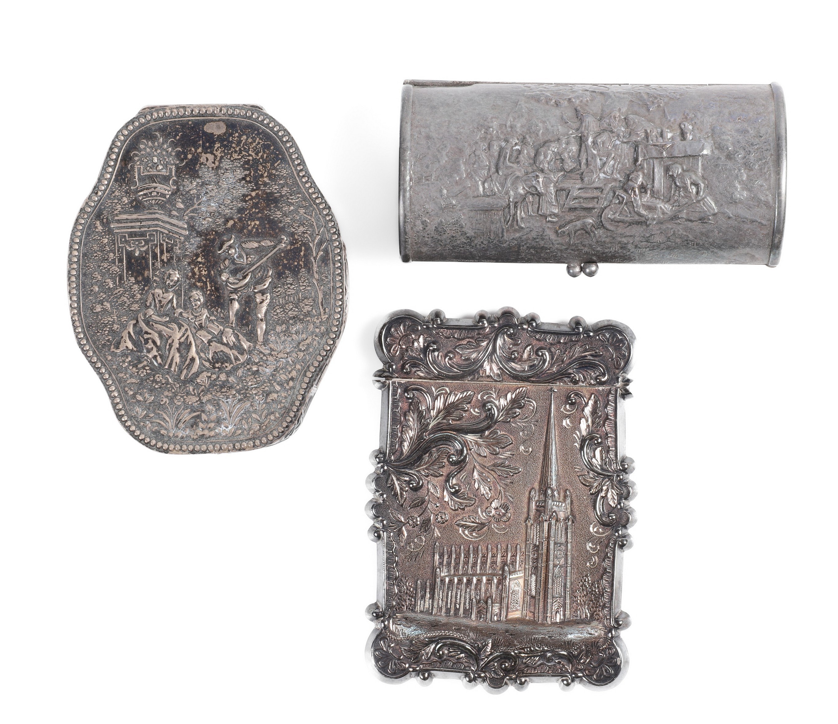 Silver card case and (2) boxes to
