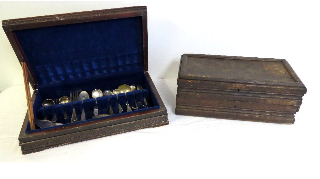 SILVER CHEST W/MISC. SILVERPLATE