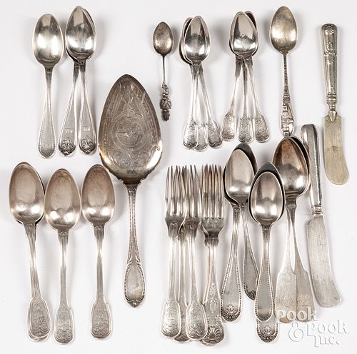 SILVER FLATWARE AND TWO COIN SILVER