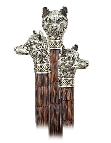 SILVER FOX HEAD CANE-Ca. 1890