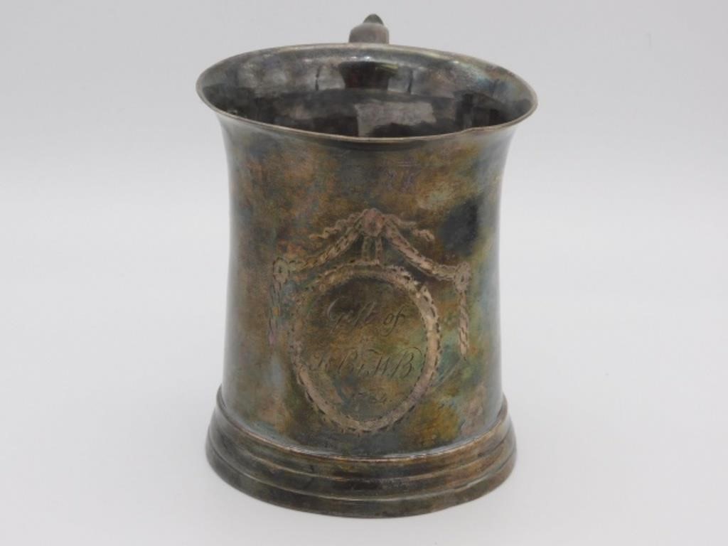 SILVER HANDLED MUG, WITH ENGRAVED