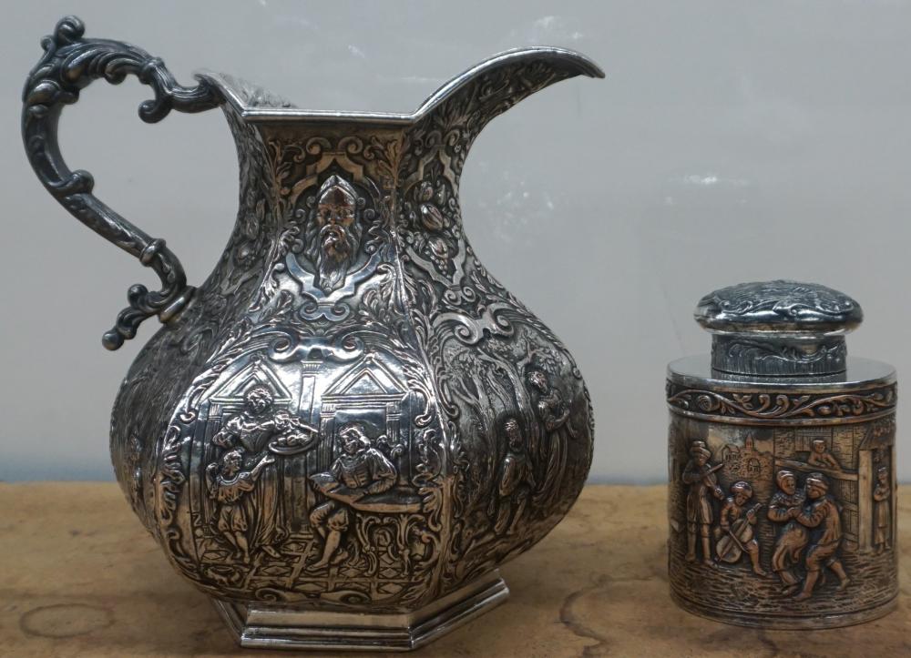 SILVER ON COPPER PITCHER AND TEA