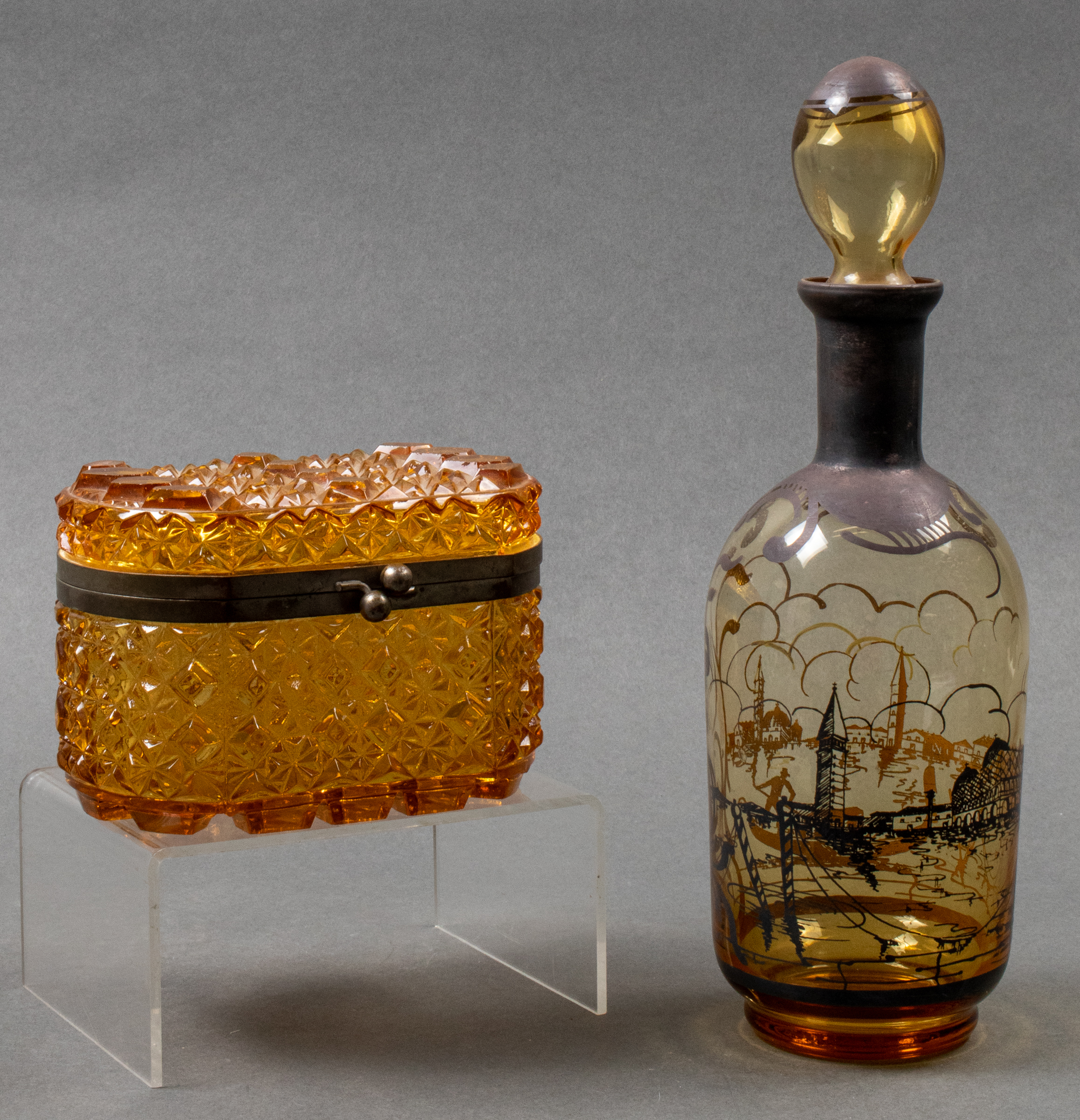 SILVER OVERLAY DECANTER & METAL
