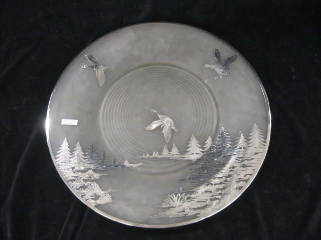 Silver Overlay Glass Tray Geese