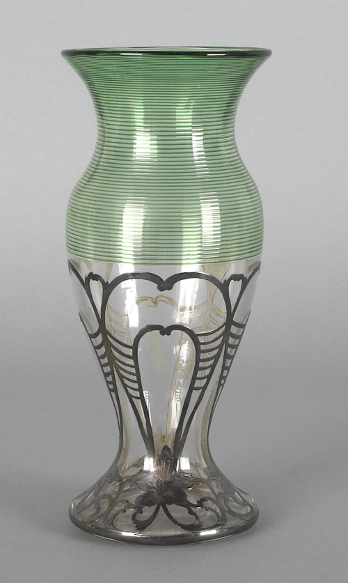 Silver overlay glass vase with
