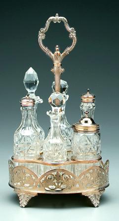 Silver plate and glass cruet,