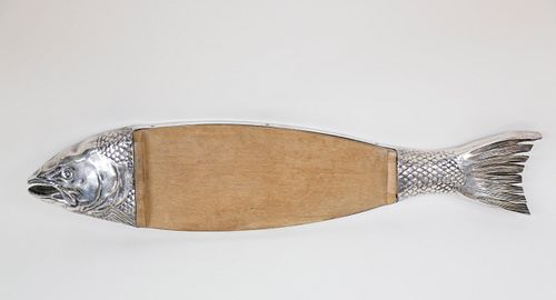 SILVER PLATE AND WOOD SALMON