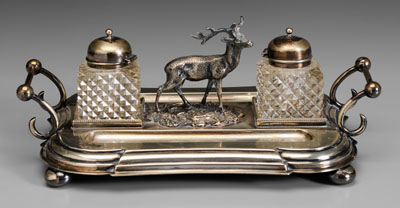Silver-plate ink stand, central elk