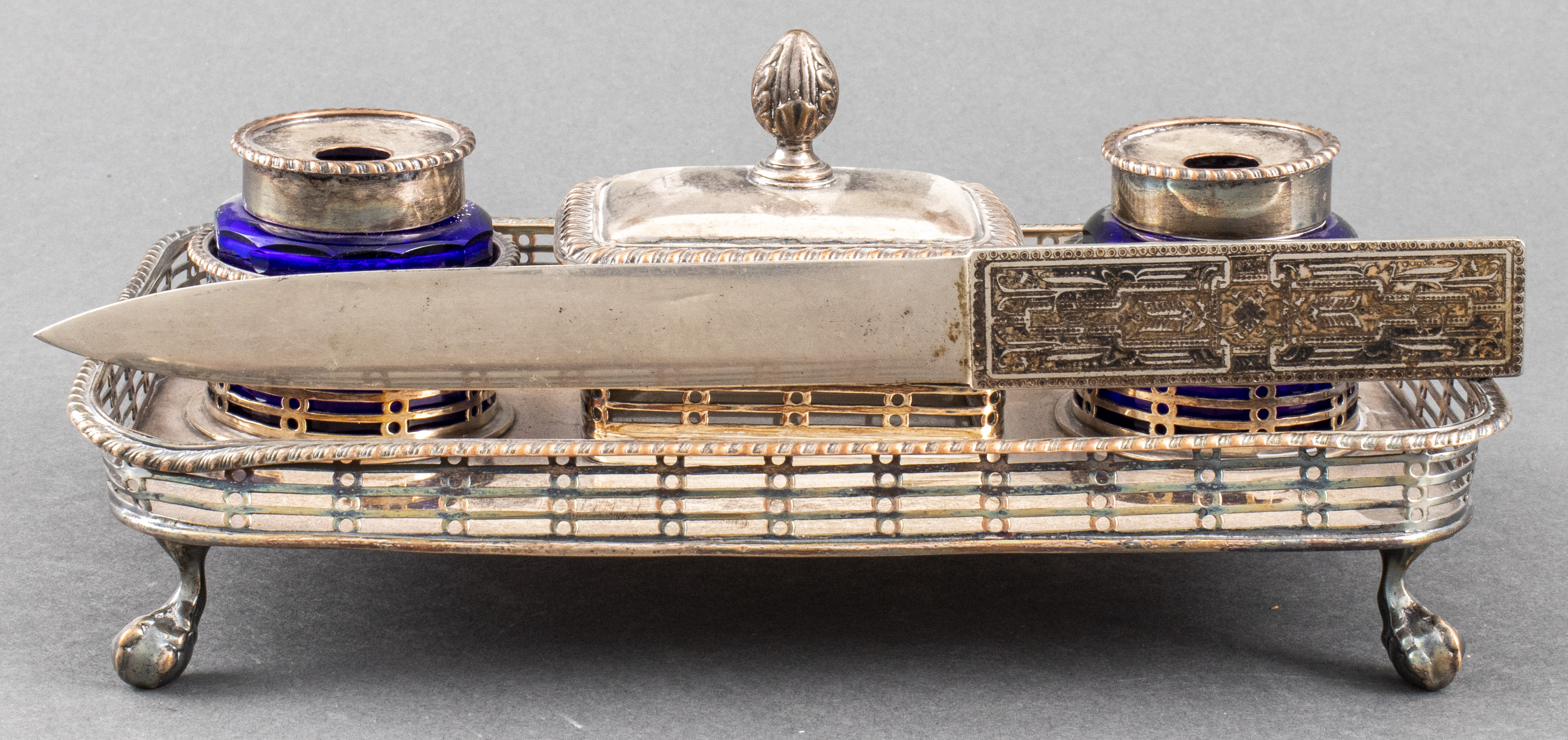 SILVER PLATE INKWELL STAND & LETTER