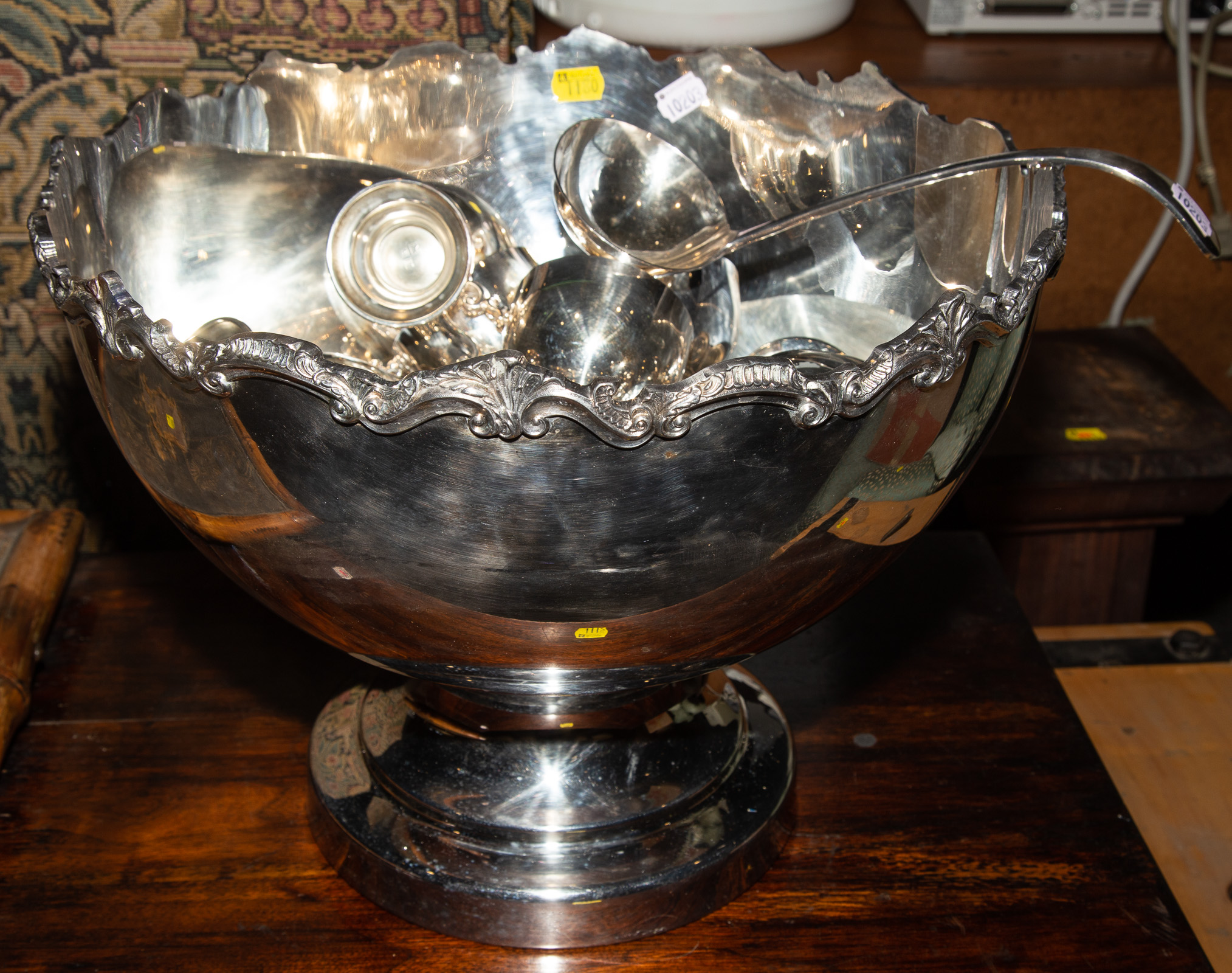 SILVER PLATE PUNCH BOWL WITH CUPS &