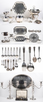 silver plate tray, candelabras