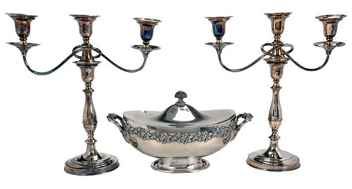 SILVER PLATE TUREEN AND PAIR