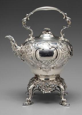 Silver plated kettle on stand,