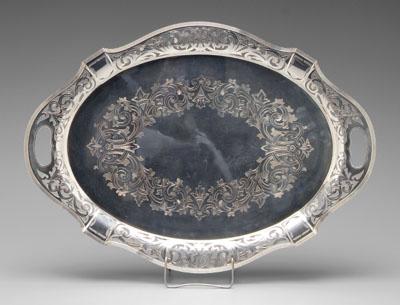 Silver plated tray, cartouche