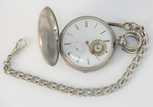 SILVER POCKET WATCH AND CHAIN,