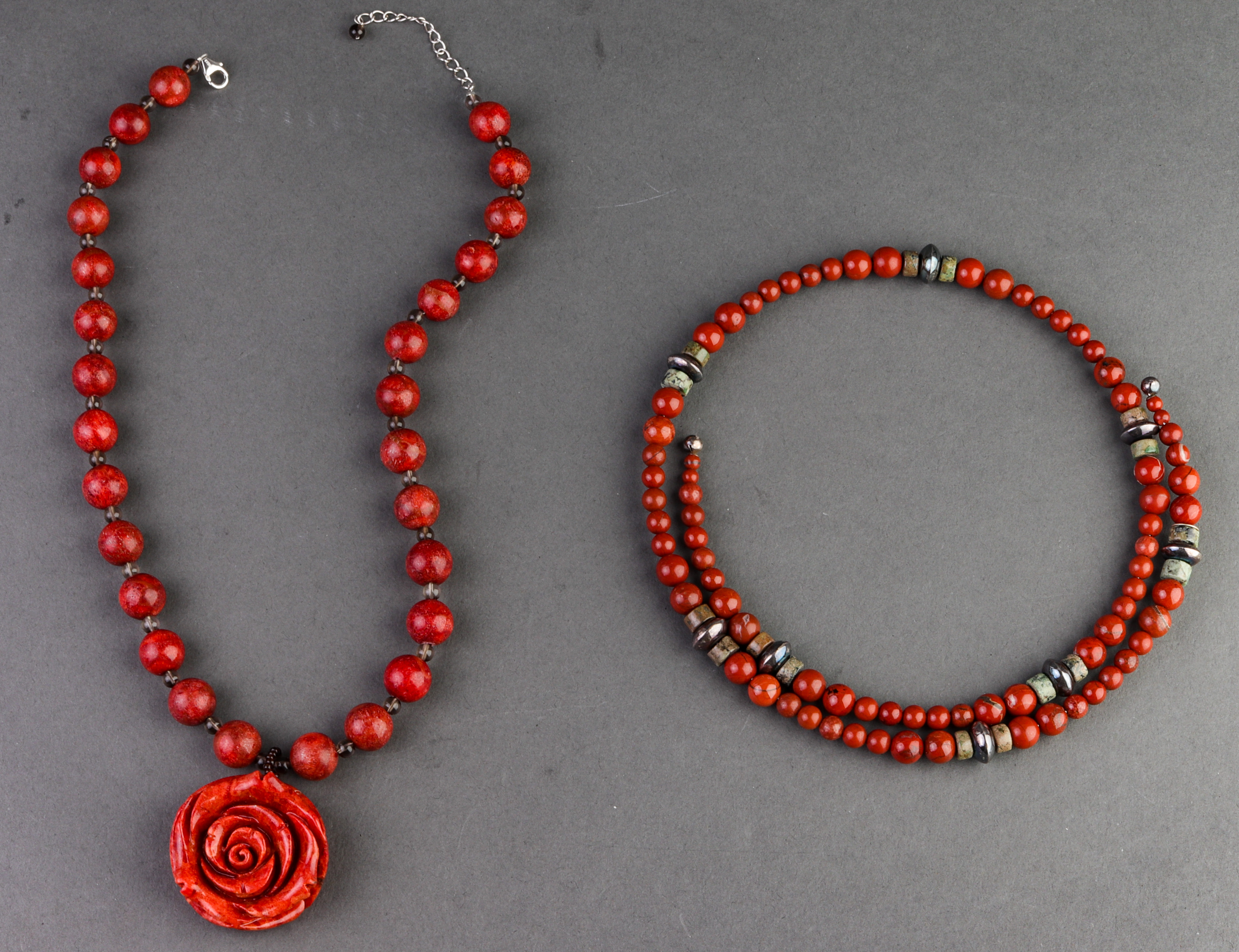 SILVER, RED CORAL, SMOKY QUARTZ &