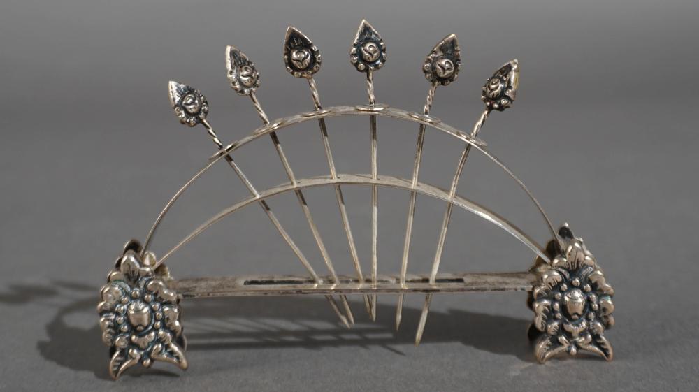 SILVER TOOTHPICK HOLDER AND SIX