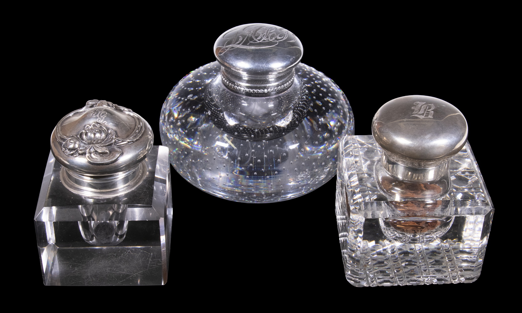 SILVER TOPPED CRYSTAL INKWELLS