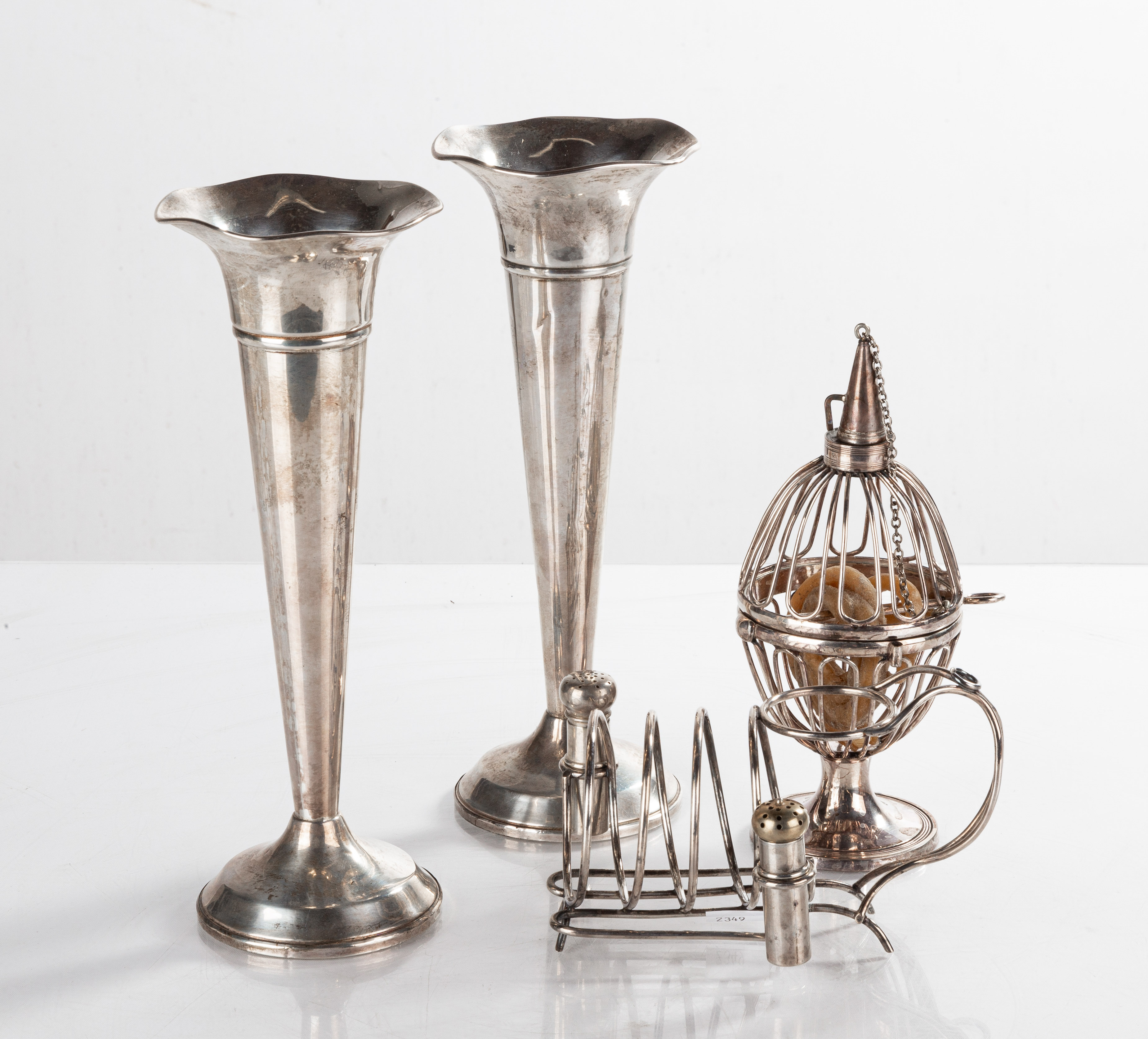 SILVER TRUMPET VASES, WAX JACK &