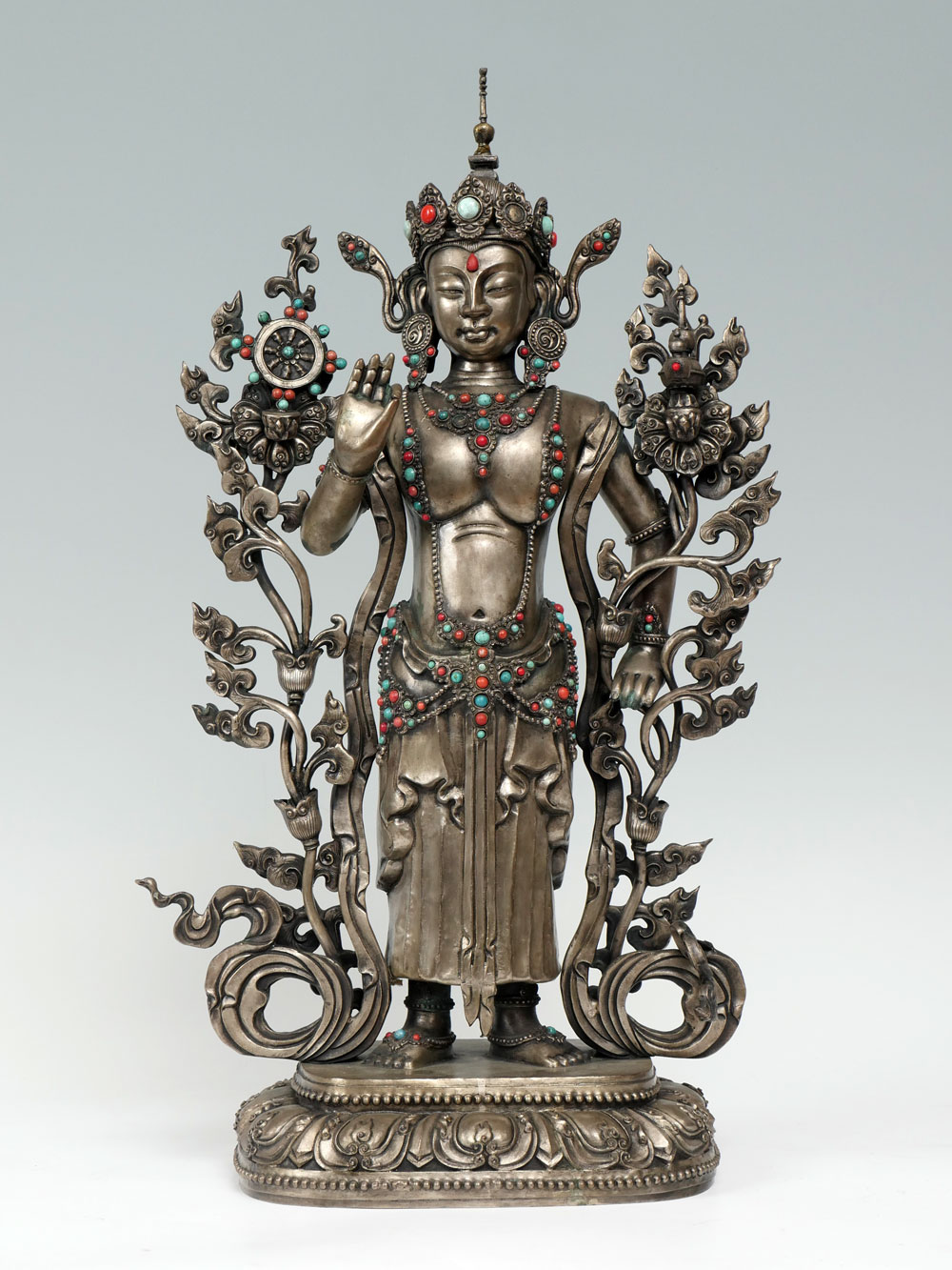 SILVERED COPPER TIBETAN DEITY: