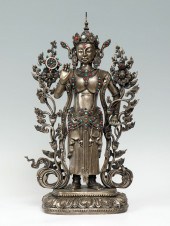 SILVERED COPPER TIBETAN DEITY: