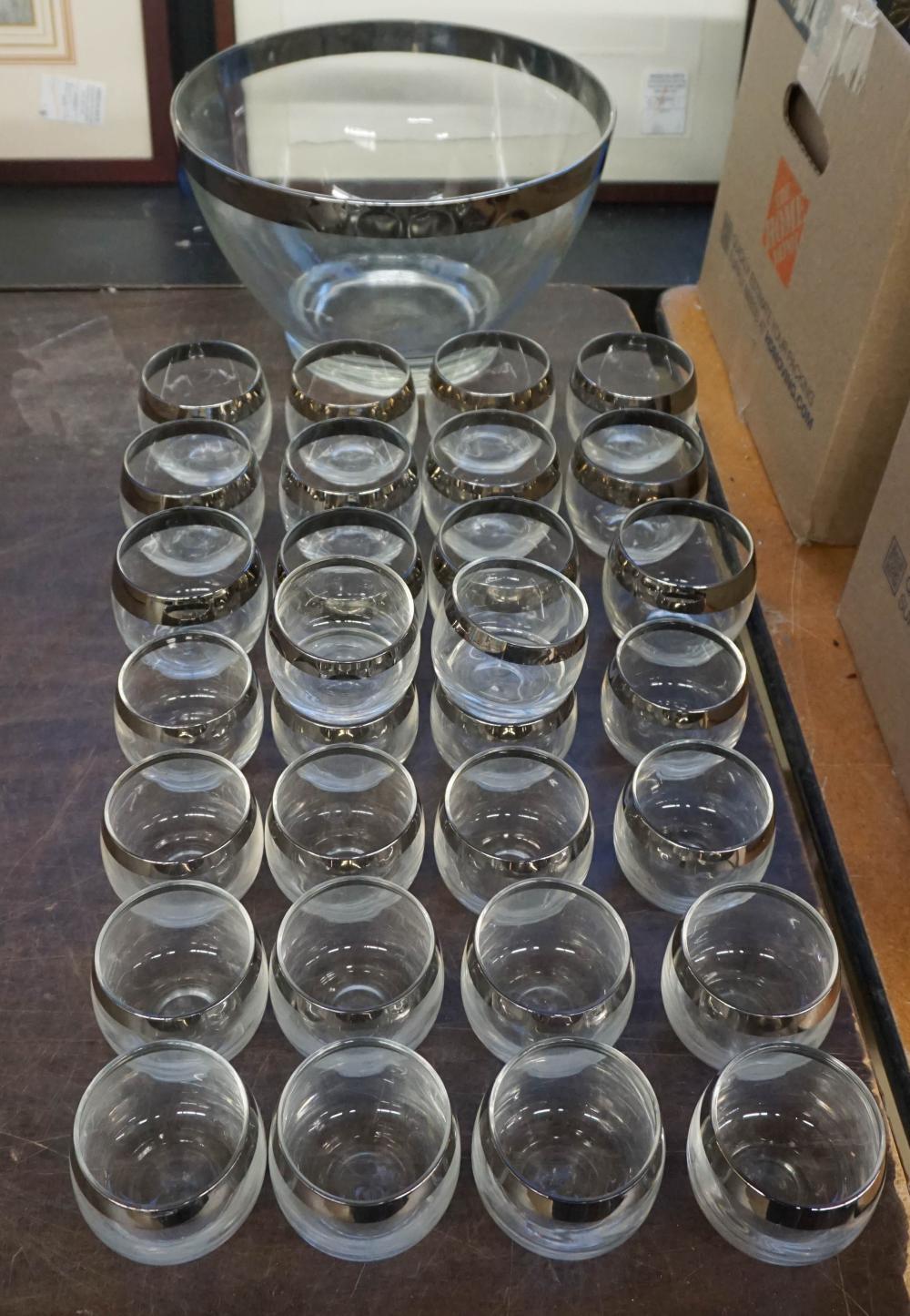 SILVERED RIM GLASS PUNCH-BOWL AND