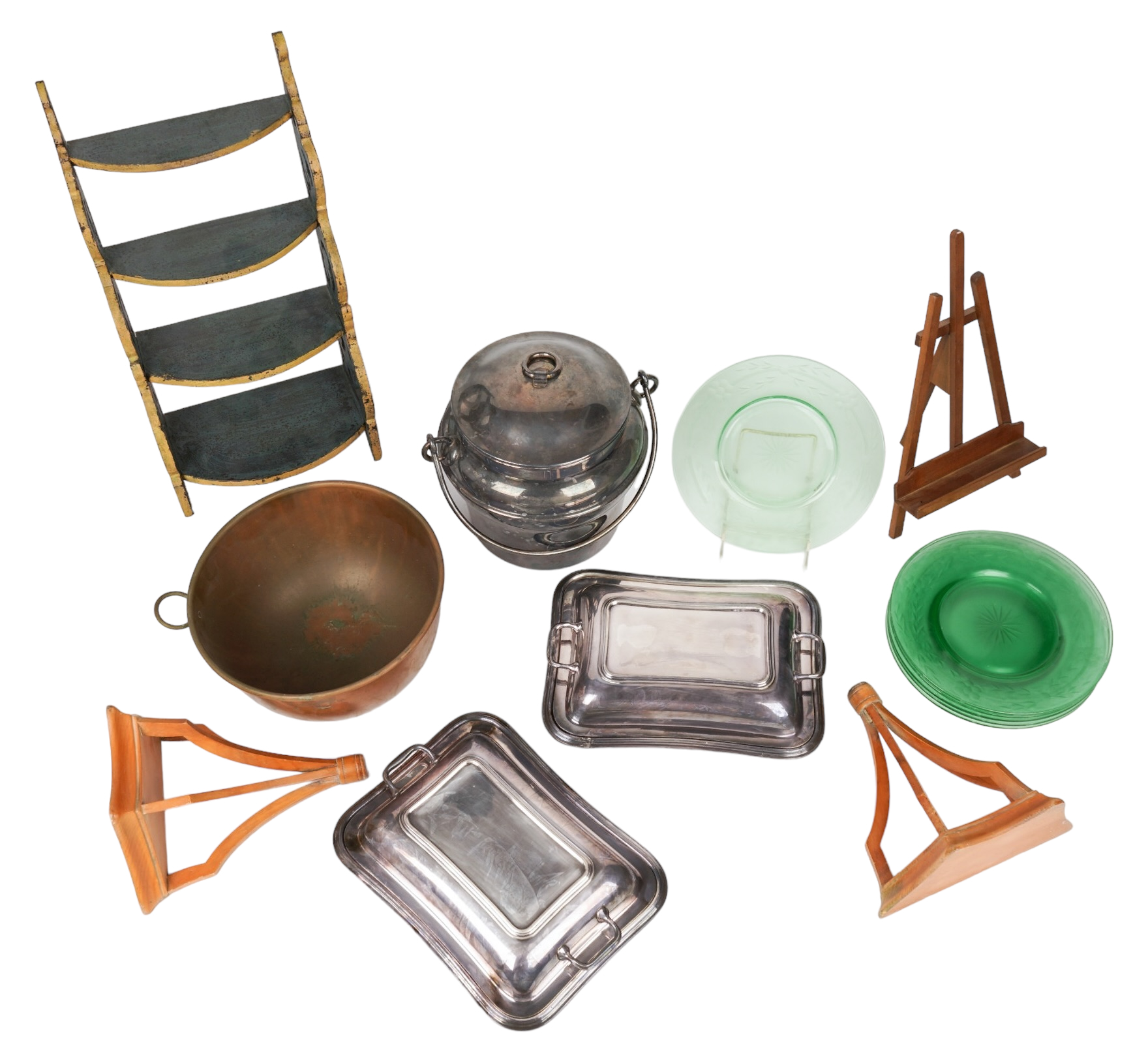 Silverplate, copper, glass and wood
